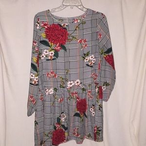 Black/white checkered dress with floral accents